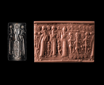 Cylinder seal showing Gilgamesh and Enkidu killing the giant Humbaba, Mitannian, c. 1400–1300 BC.