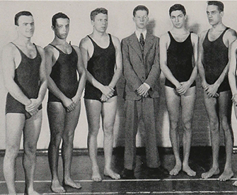 The 1938 Johns Hopkins swim team, with Murray Kempton (in suit) in center, from The Johns Hopkins Hullabaloo. Ferdinand Hamburger Archives, Sheridan Libraries, Johns Hopkins University.