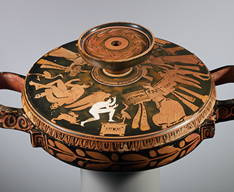 Women, youths, and Erotes appear on the lid of this terra-cotta lekanis (covered dish), connected with the Otchët Group, c. 400 BC. The Metropolitan Museum of Art, Rogers Fund, 1917.