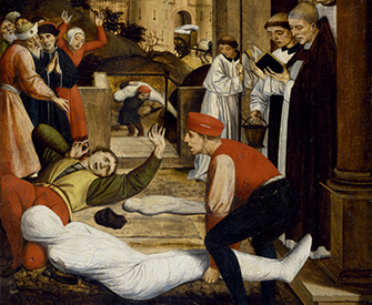 Saint Sebastian Interceding for the Plague Stricken (detail), by Josse Lieferinxe, c. 1497–99.