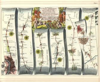 John Ogilby's 1675 road map from London to Aberiswith. It is a plate from a book, showing a drawing of a scroll. The scroll begins at the bottom left corner of the page and then loops up and down across the page until it reaches the top right corner.