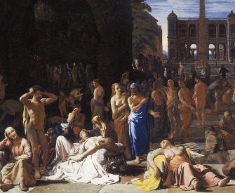 A painting of a plague-ridden ancient city, often thought to represent the plague of Athens in 430BC. The painting show people gathered in a town square, some dying and dead on the ground, while others look distressed or care for the ill.