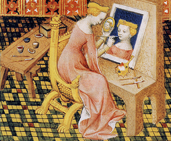 Anonymous, Marcia Painting Self-Portrait Using Mirror (detail), in Giovanni Boccaccio’s De Mulieribus Claris, c. 1403. Bibliothèque Nationale de France. 