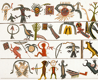 Pictorial notation of an Ojibwa music board, illustration on birchwood slab, collected in northern Great Lakes area, c. 1820. Chromolithograph by James Ackerman, after a watercolor drawing by Seth Eastman, in Historical and Statistical Information Respect