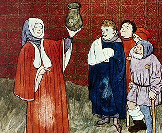 Physician with a urine flask, from a medieval manuscript. Wellcome Collection (CC BY 4.0).