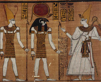 Ramses III before the gods of Heliopolis, from the Great Harris Papyrus, Egypt, Twentieth Dynasty. © The Trustees of the British Museum. Full-color vignette of gods facing Ramses III.