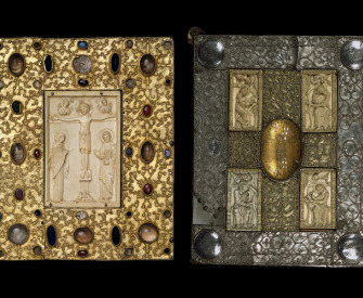 Book cover with Byzantine icon of the Crucifixion produced for the nunnery of Santa Cruz de la Serós, Spain, c. 1085; treasure binding with the Evangelists and the Crucifixion by Othlon of Regensburg, c. 1030–50.