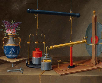 Electricity: condenser jars, an electrostatic generator, and a vase with flowers, c. 1800.