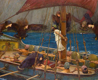 A painting depicting Odysseus tied to the mast of his ship while he listens to the song of the sirens. His crew rows the ship.