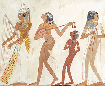 Facsimile painting of a troupe of female musicians from a c. 1400–1390 bc banquet scene in the tomb of Djeserkaraseneb at Thebes, by Charles K. Wilkinson, 1920–21. The Metropolitan Museum of Art.