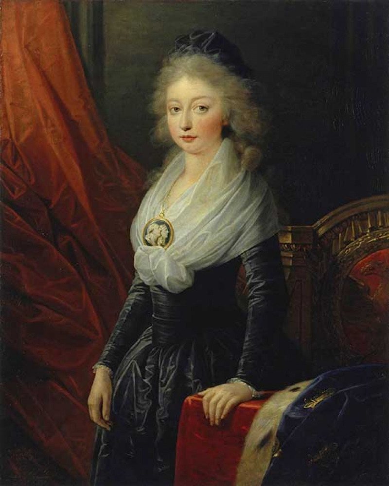 Painting of a woman with pale, fluffy hair wearing a dress with a large brooch