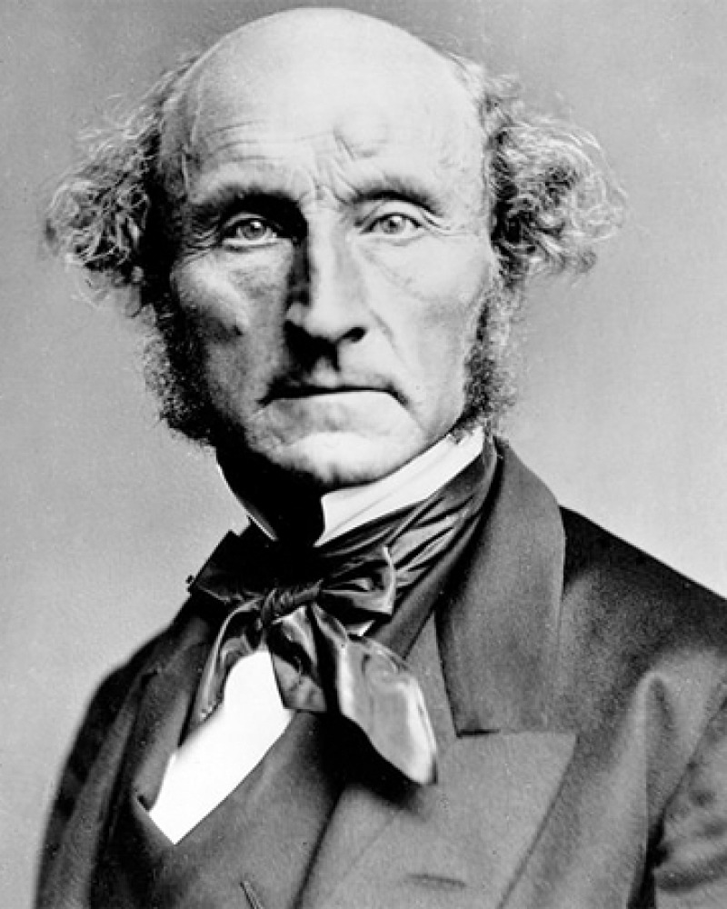 Black and white image of English philosopher and political theorist John Stuart Mill.