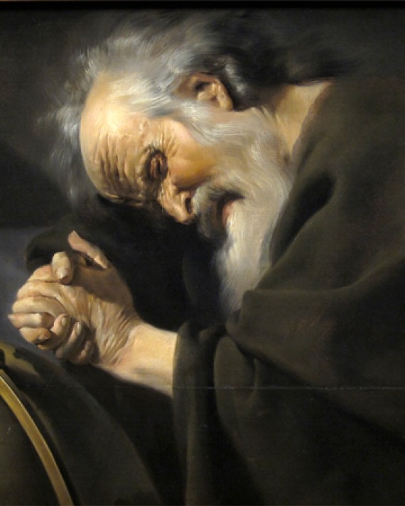 Painting of Greek philosopher Heraclitus weeping over a globe.