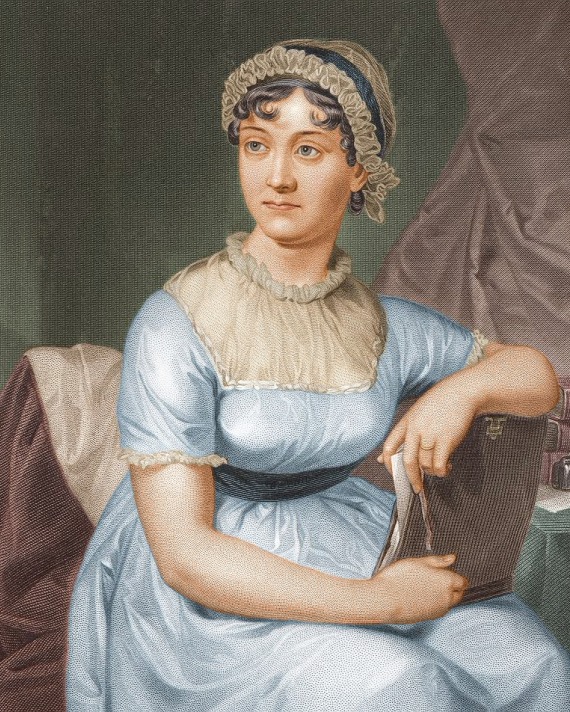 Color drawing of Jane Austen sitting in a chair wearing a blue dress