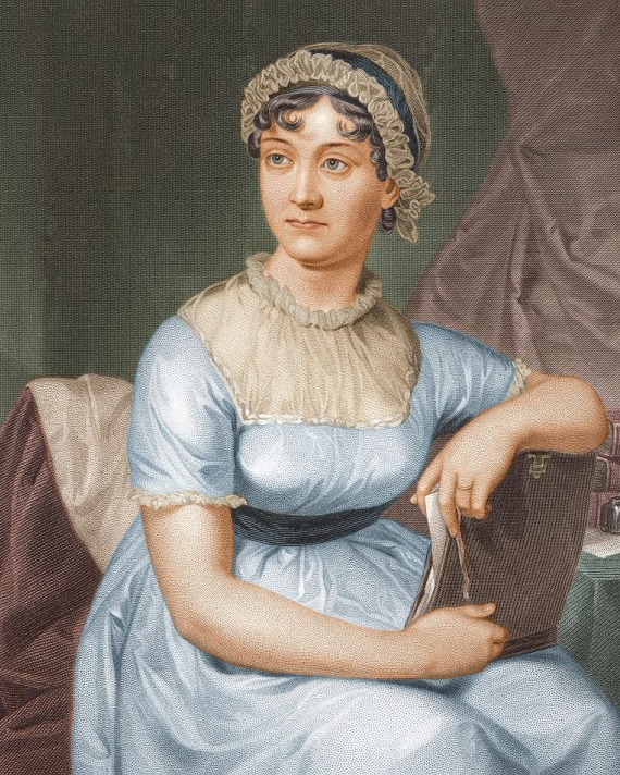 Color drawing of Jane Austen sitting in a chair wearing a blue dress