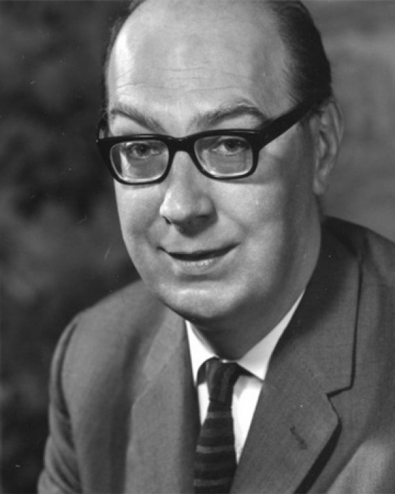 Black and white photograph of English poet and librarian Philip Larkin.