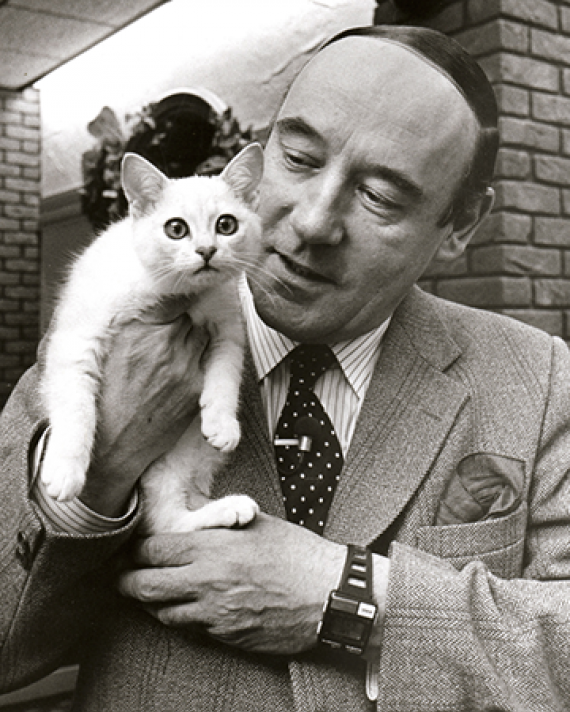 Desmond Morris with a burmilla cat, 1986.