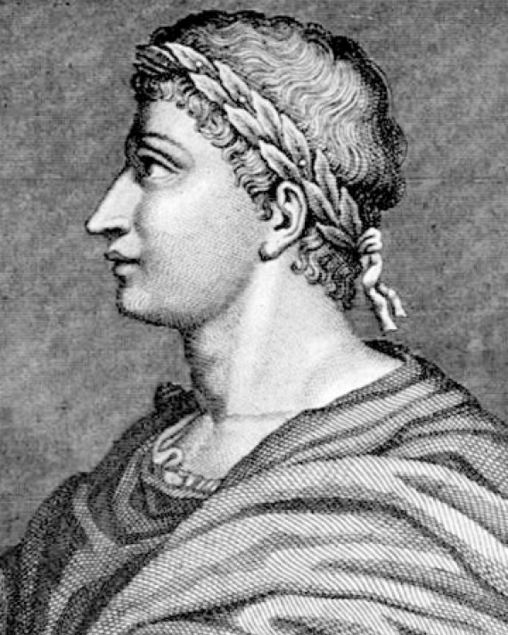 Black and white engraving of Roman poet Ovid in profile.