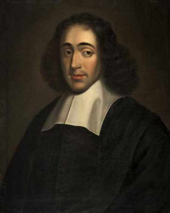 Benedict de Spinoza Painting of a man with shoulder-length curly hair wearing a white square collar