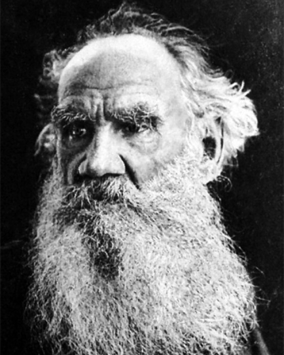 Black and white photograph of Russian author Leo Tolstoy.