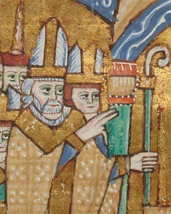 Illuminated manuscript illustration of a bearded man wearing a mitre and holding a staff