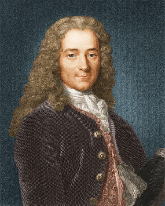 Colorized engraving of Voltaire wearing a wig.