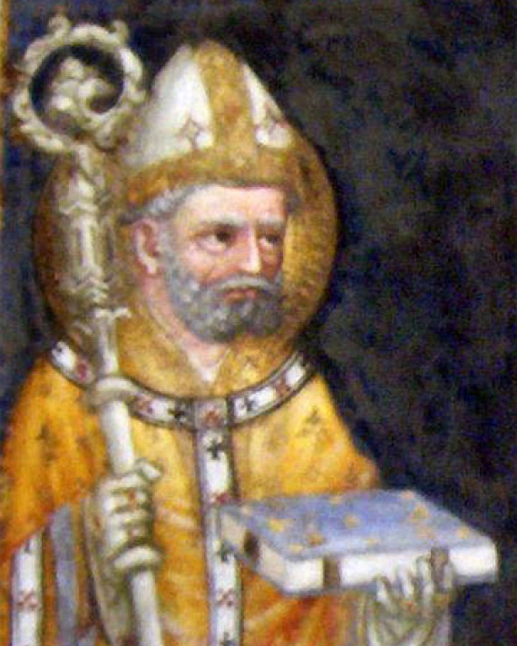Detail of mural featuring Jacobus de Voragine, archbishop of Genoa and chronicler.