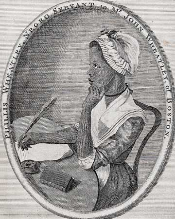 Illustration of a woman wearing a bonnet and writing with a quill at a desk