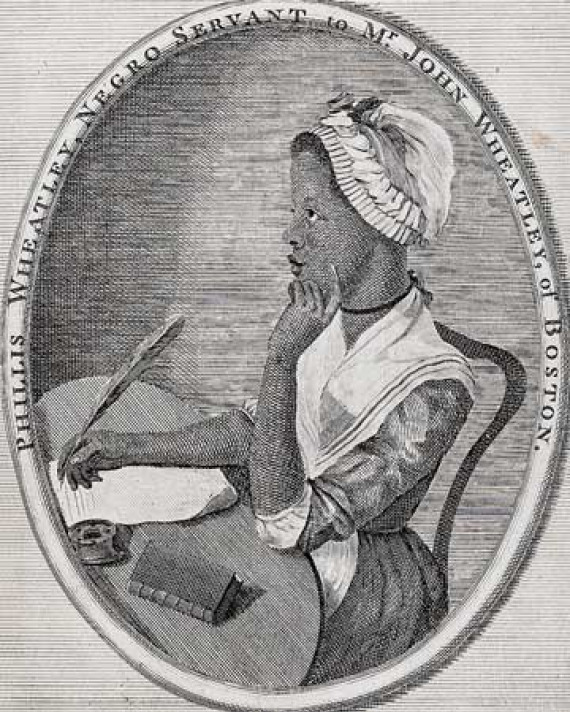 Phillis Wheatley Illustration of a woman wearing a bonnet and writing with a quill at a desk