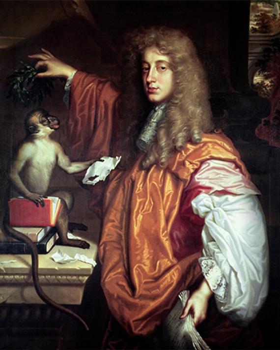 Portrait of English wit and poet John Wilmot, 2nd Earl of Rochester with monkey.