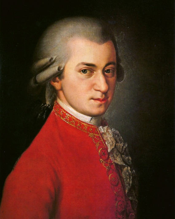 color oil painting of Wolfgang Amadeus Mozart in a red tunic with gray hair