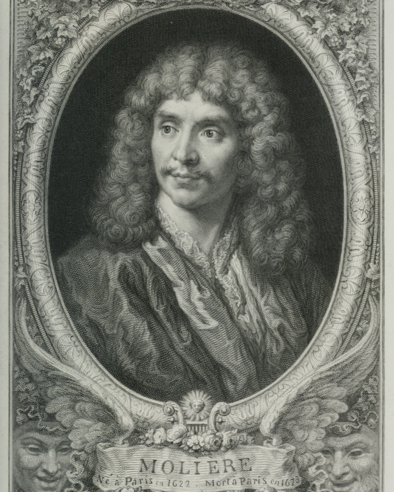 black and white pencil drawing of Moliere in an ornate frame