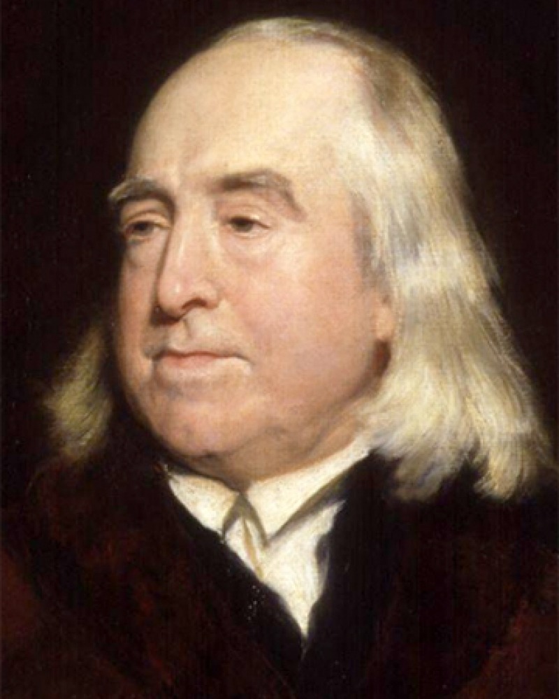 Painted portrait of English philosopher Jeremy Bentham.