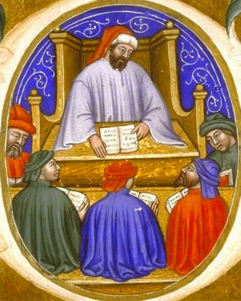 Image from an illuminated manuscript of Boethius teaching two students.