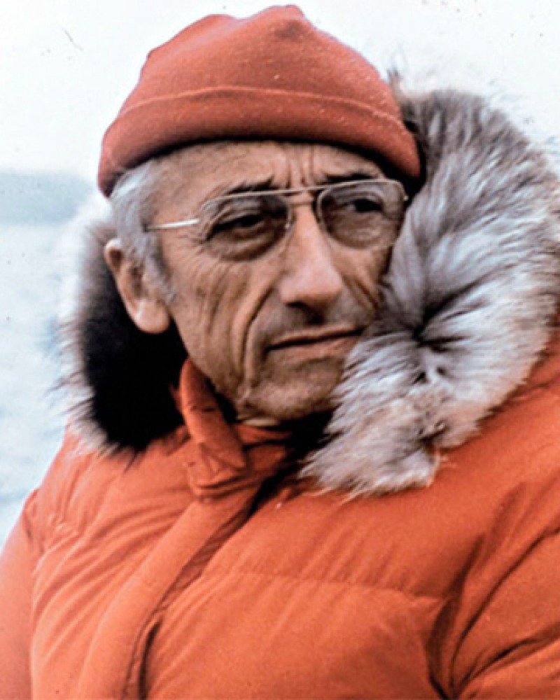 Jacques Cousteau Color photograph of French oceanic explorer Jacques Cousteau in parka.