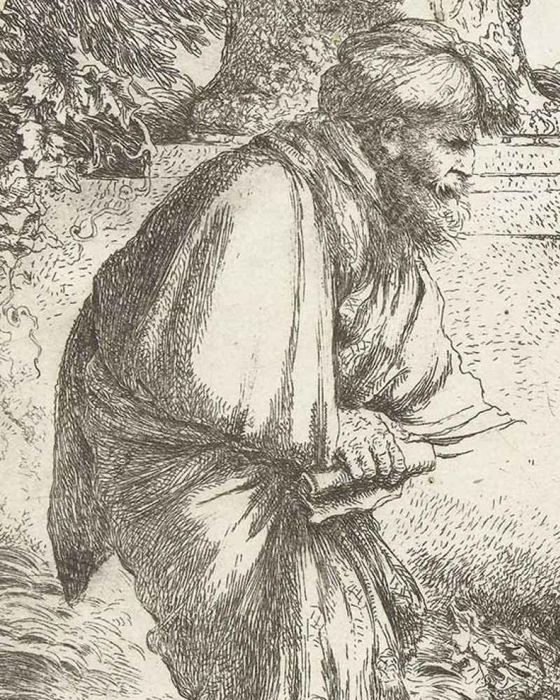 Illustration of a bearded man in profile carrying a lantern and holding a scroll.