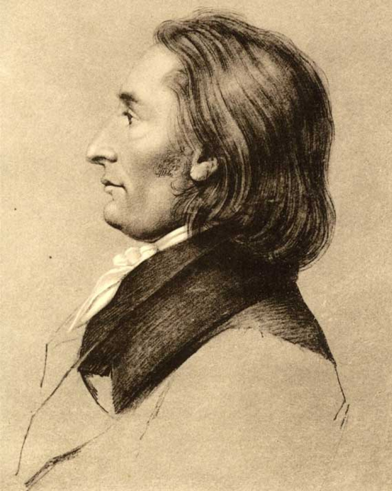 Profile drawing of a man with neck-length hair combed back