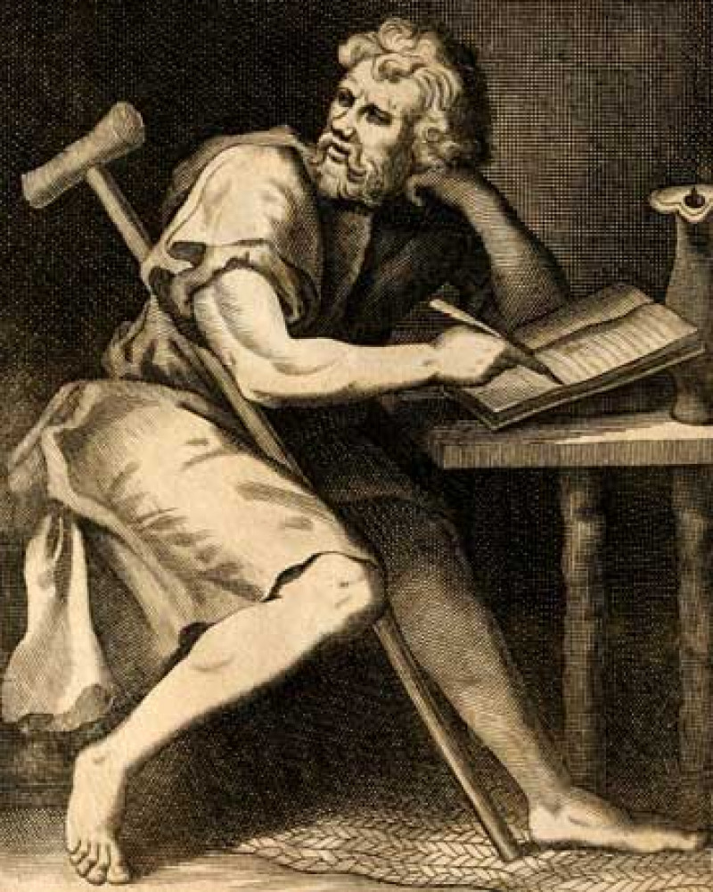 Engraving of a bearded man seated with a crutch and writing at a desk