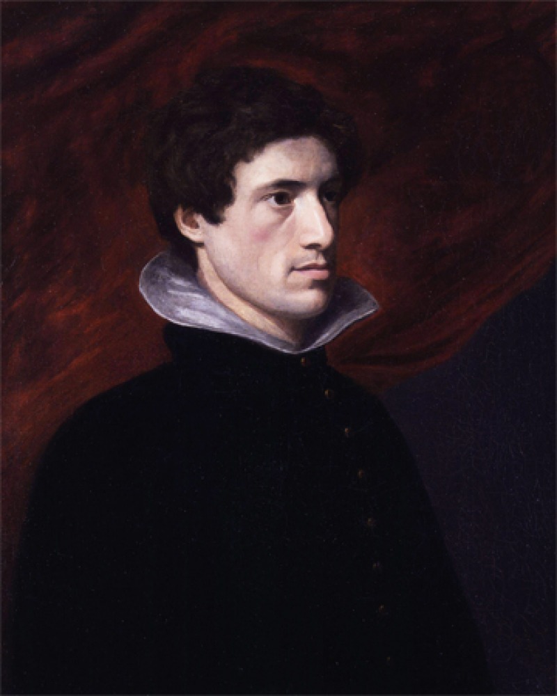 Painting of Charles Lamb wearing a black suit against a red backdrop.