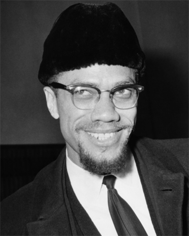 Black and white photograph of African-American leader Malcolm X.
