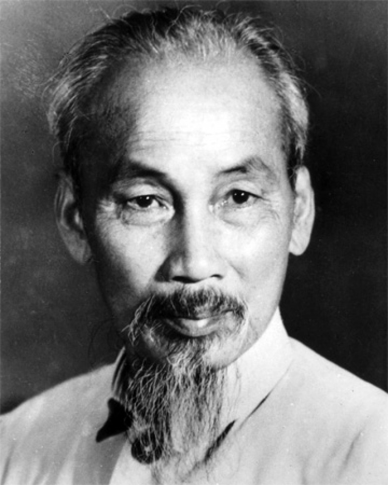 Black and white photograph of former Democratic Republic of Vietnam president Ho Chi Minh.