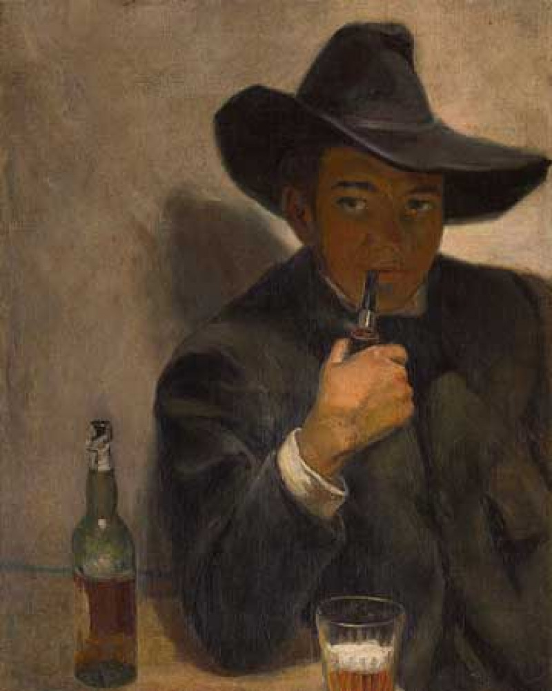 Painting of a man in a broad-brimmed hat holding a pipe in his mouth