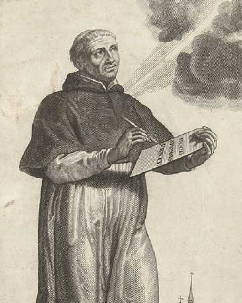 Engraving of a man looking at the heavens and writing on a tablet