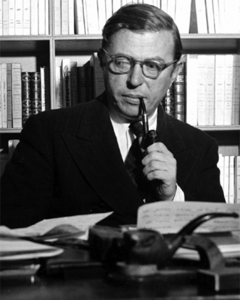 Black and white photograph of French novelist, playwright, and philosopher Jean-Paul Sartre.