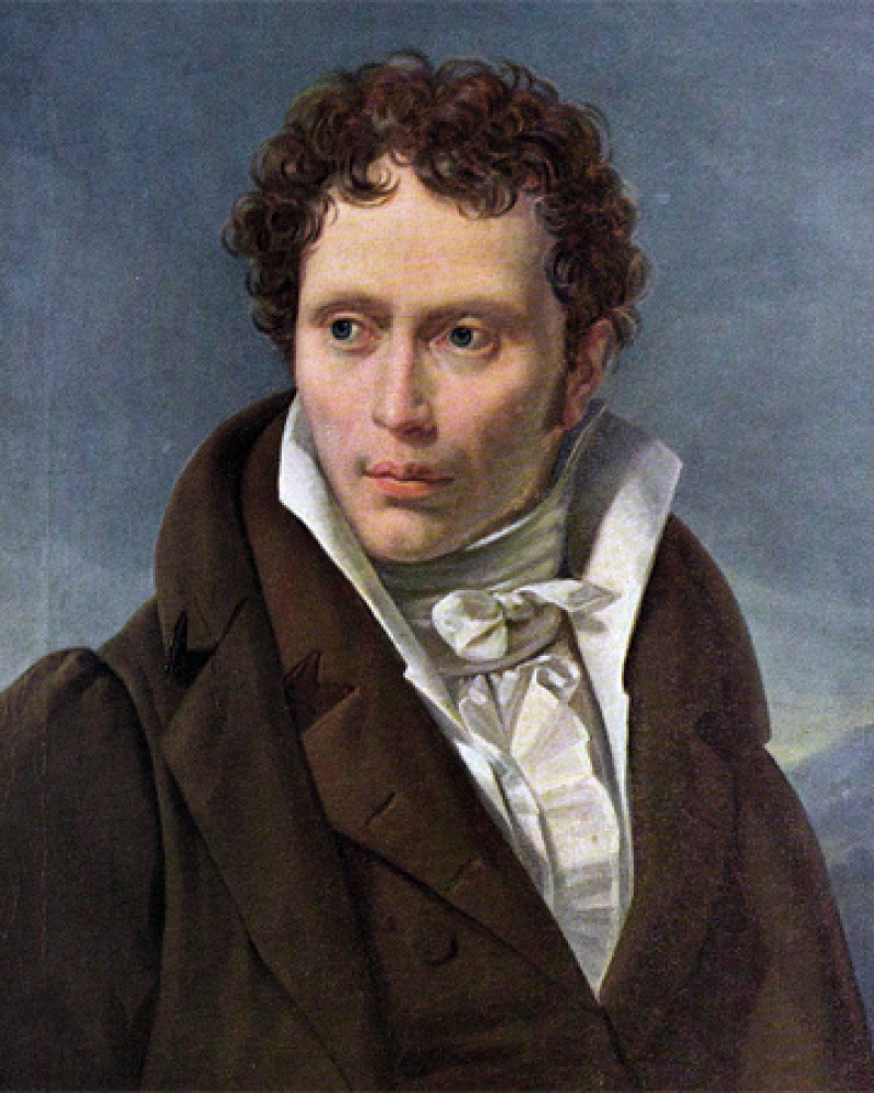 Portrait of young Arthur Schopenhauer wearing a brown suit and a cravat.