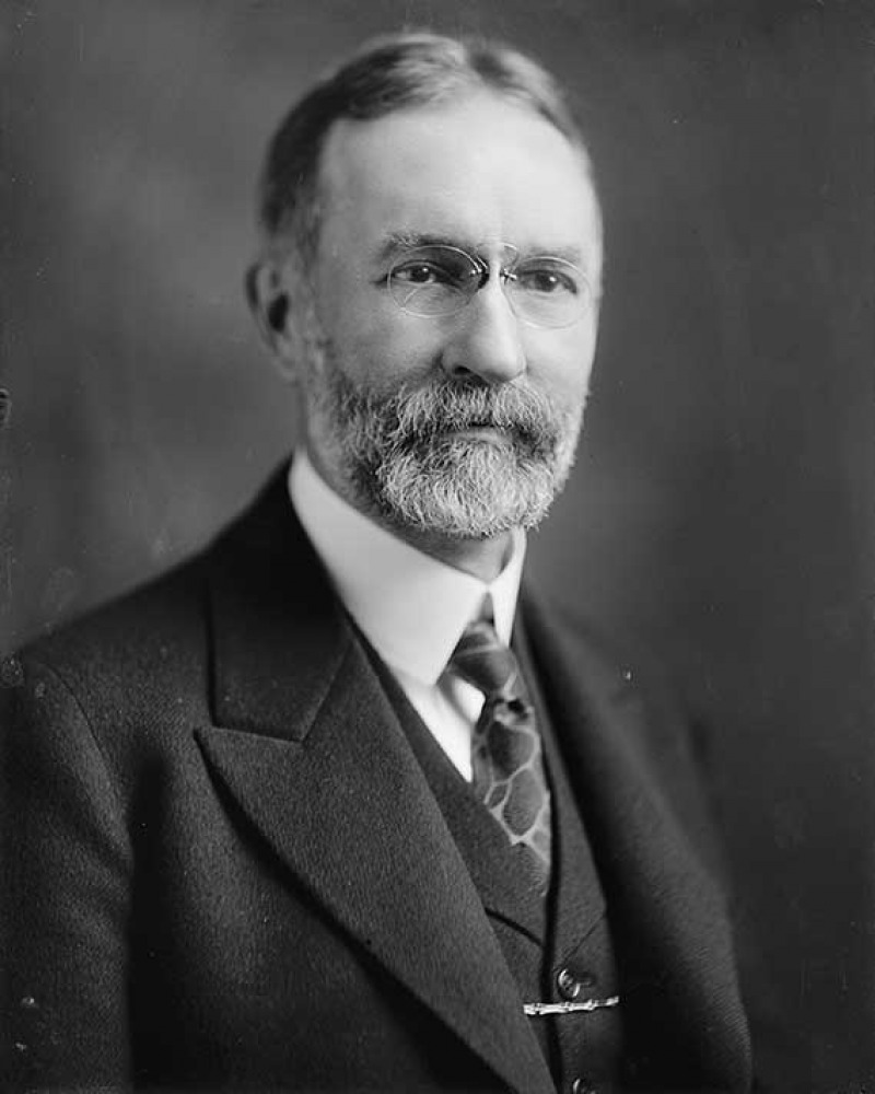 Gray-haired bearded man wearing a pince-nez and a three-piece suit