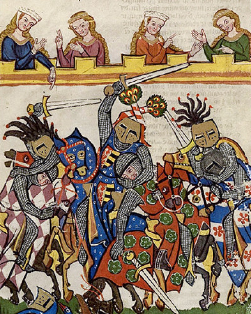 Image from Codex Manesse depicting a tournament of knights.