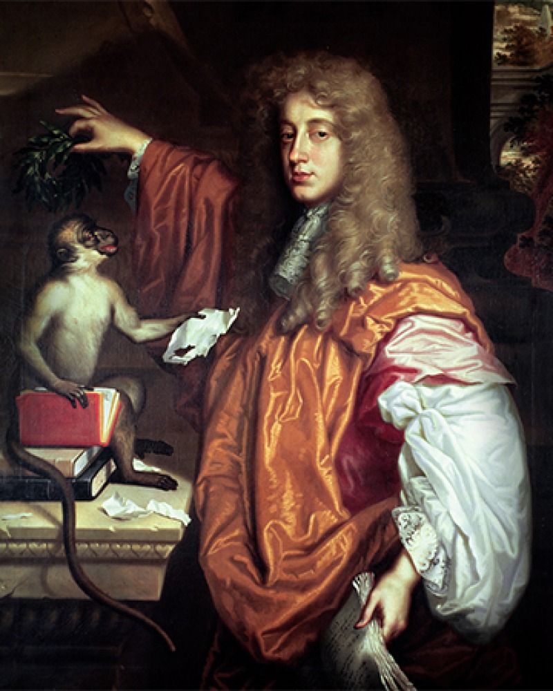 Portrait of English wit and poet John Wilmot, 2nd Earl of Rochester with monkey.
