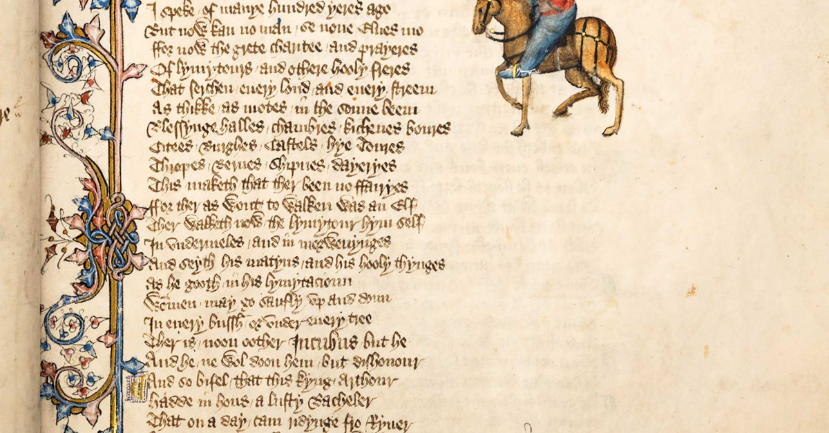 Opening page of “The Prologue of the Wife of Bath’s Tale,” from the Ellesmere manuscript of Geoffrey Chaucer’s Canterbury Tales, c. 1400. Wik