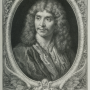 black and white pencil drawing of Moliere in an ornate frame